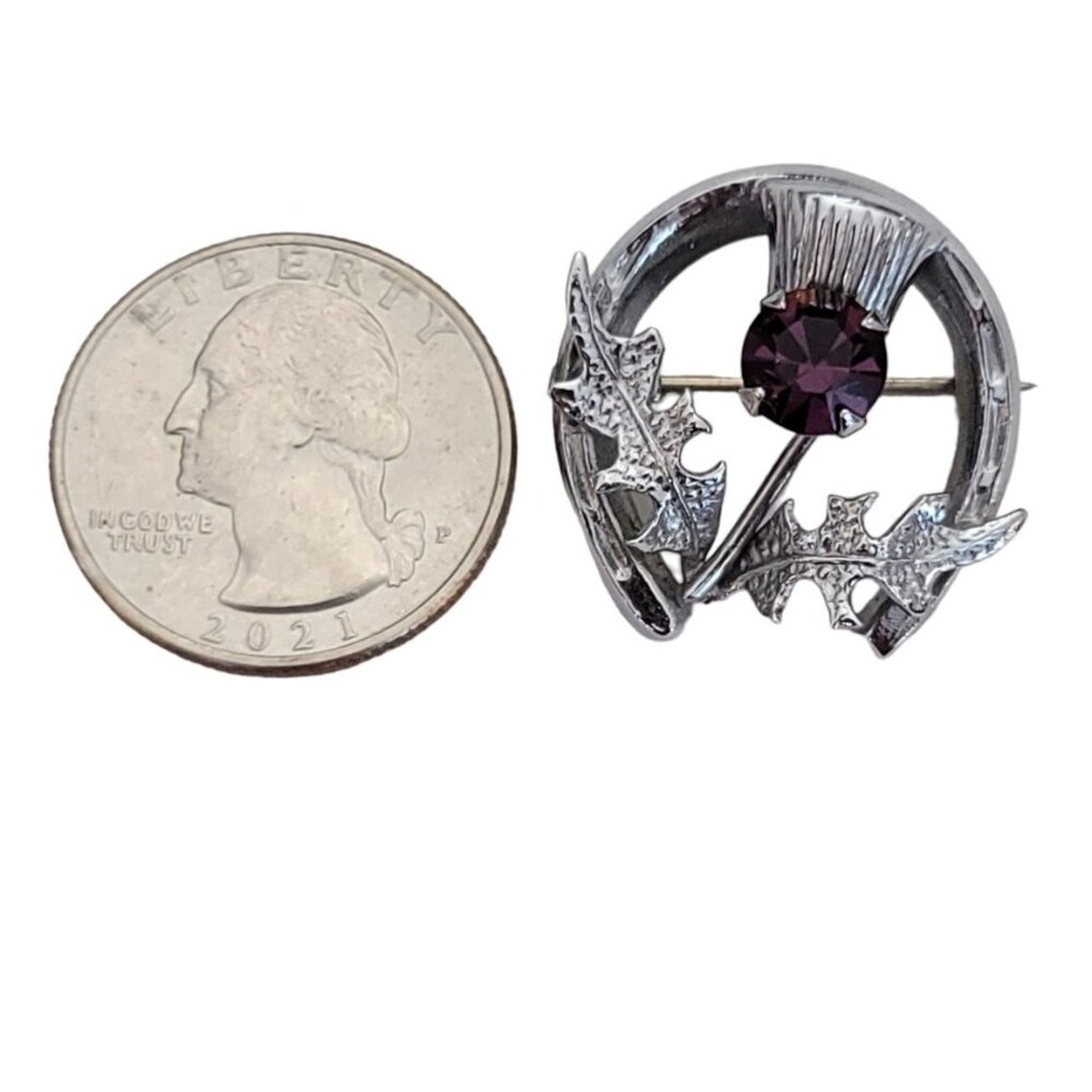Mizpah Silver Tone Purple Rhinestone Scottish Thistle Horseshoe Leaf Pin, M737 - Picture 5 of 8